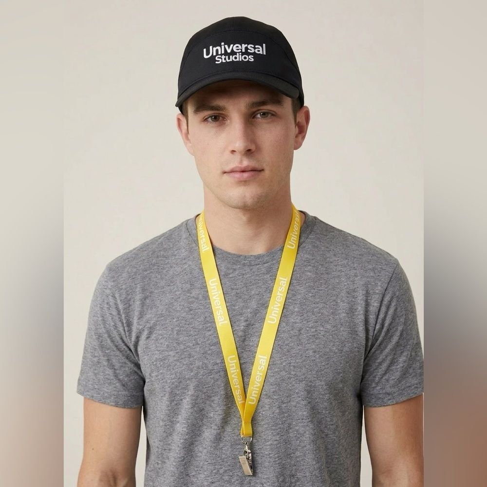 Universal Studios Cap Black Grey Text with Yellow Lanyard